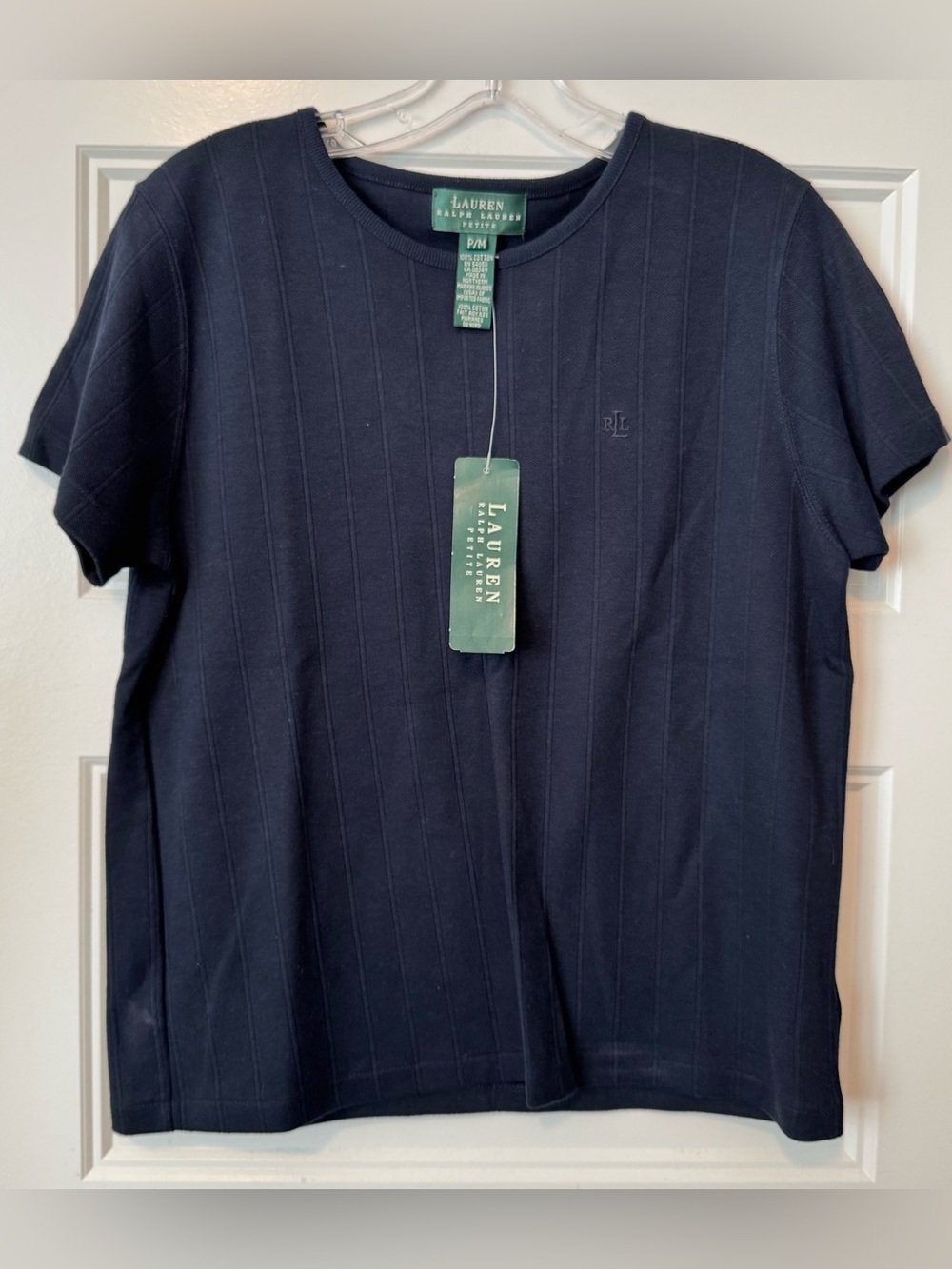 NWT Lauren Ralph Lauren Petite Navy Ribbed Cotton Knit Top PM Short Sleeve
